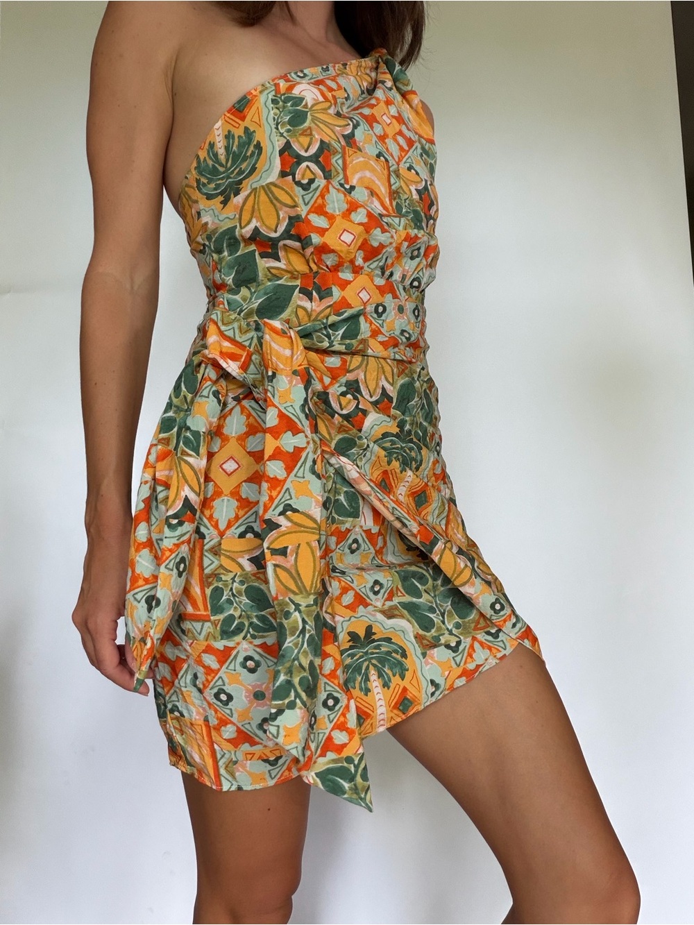 Floral Print Dress in Orange and Green